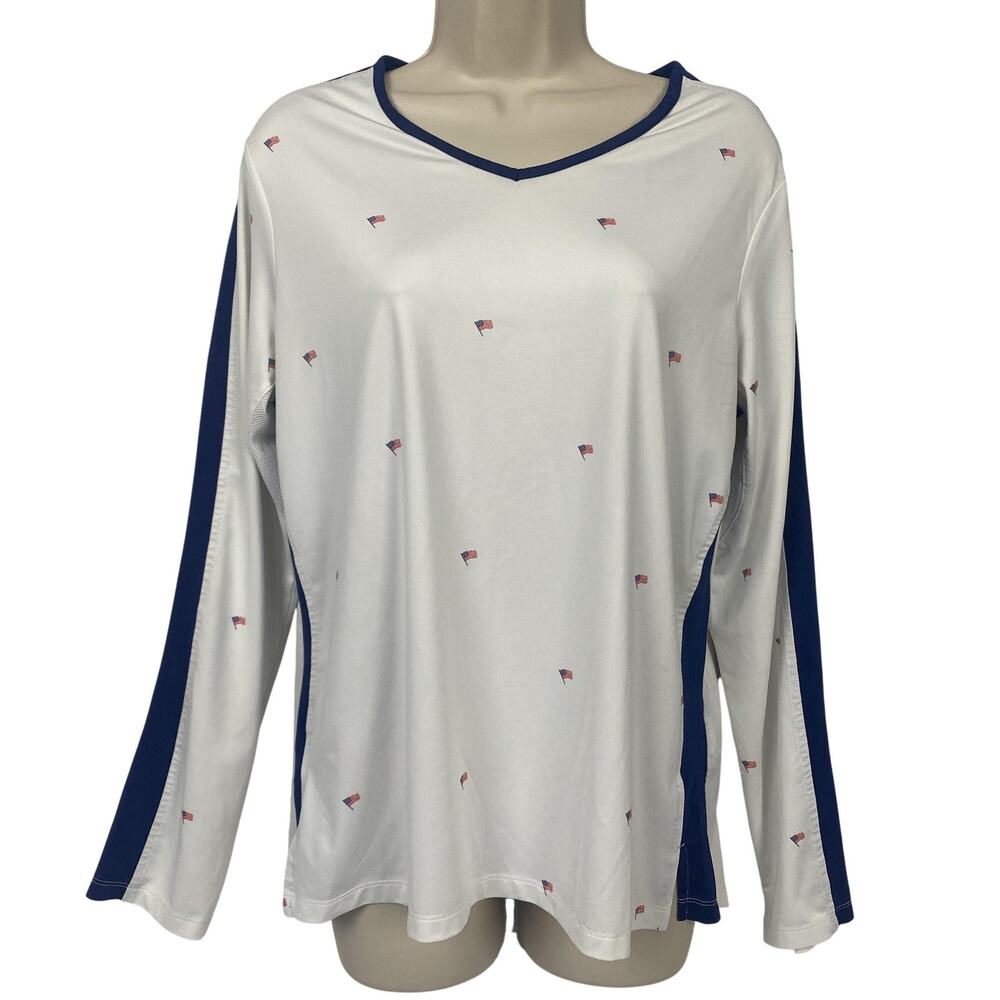 San Soleil Top Womens Large White UPF 50 Long Sleeve Golf American Flag Print